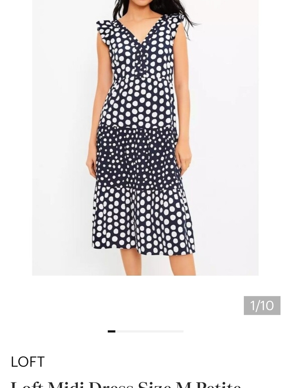 LOFT NAVY WHITE POLKA DOT TIERED RUFFLED DRESS V-NECK MIDI LENGTH NWT WOMENS L - Picture 10 of 11